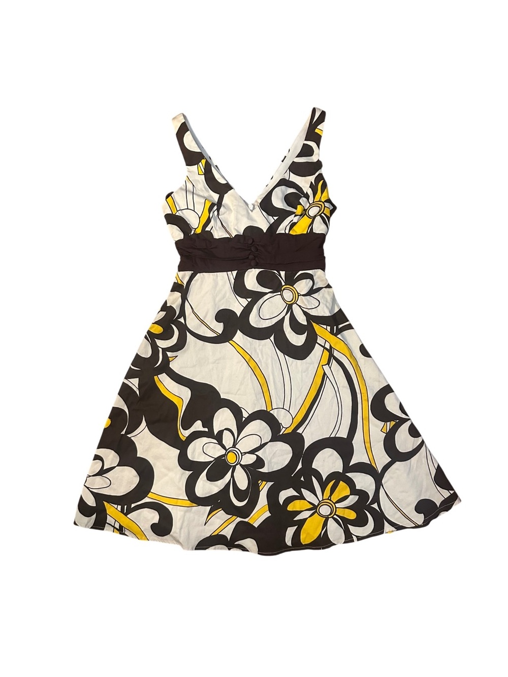 Floral V-Neck Sundress in White, Black & Yellow